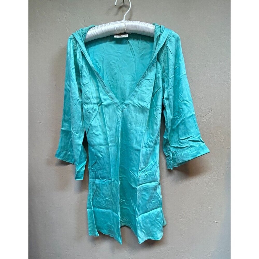 Baby Ceylon Women's 3/4 Sleeve Hoodie Tunic Top Low V-Neck Silk Blue Size 2
